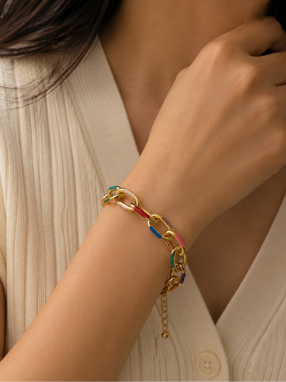 Gold Chain Bracelet with Multicolor Enamel Links